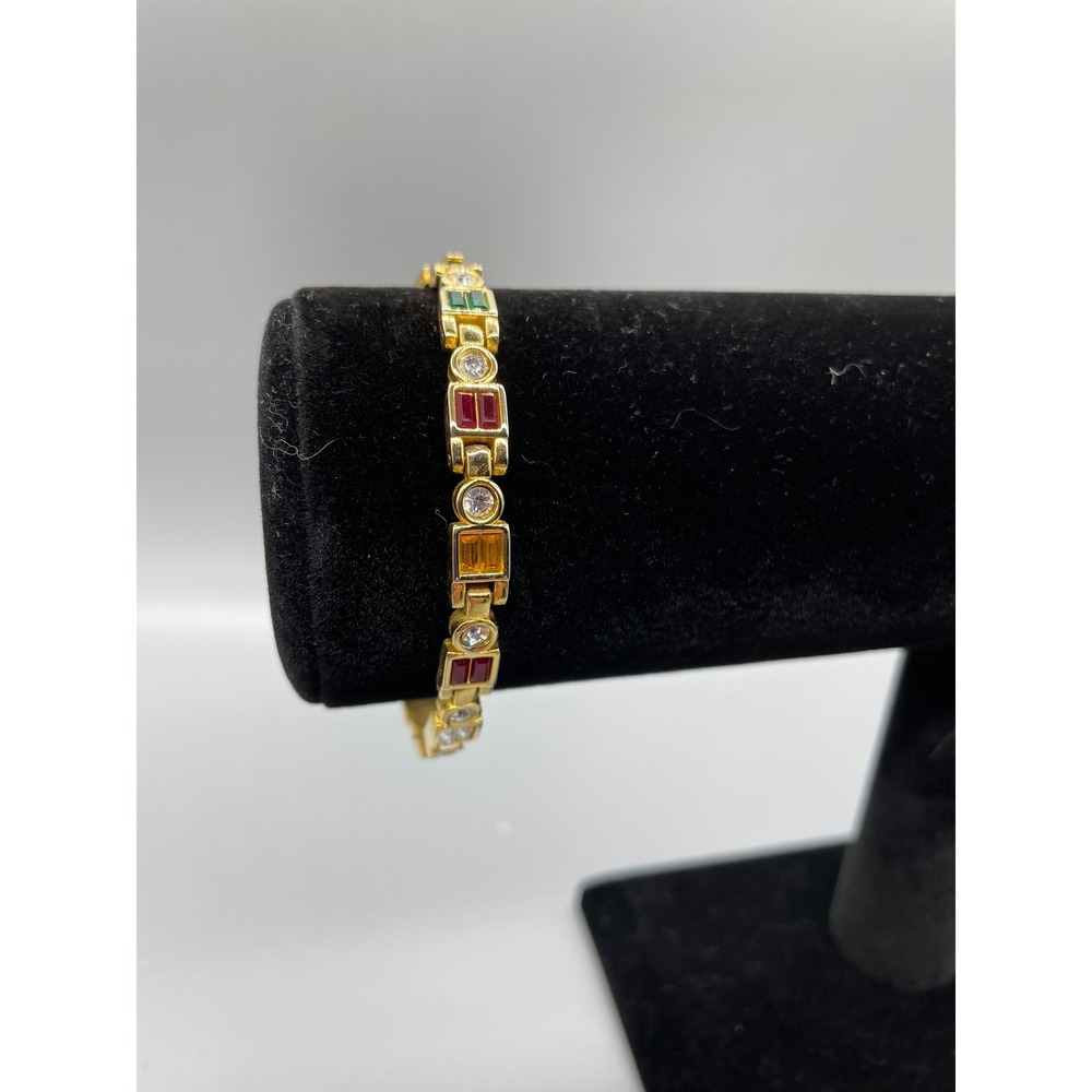 Vintage Gold Tone Multi Color Crystal Link Bracelet Red Green Yellow Clear 7.25"